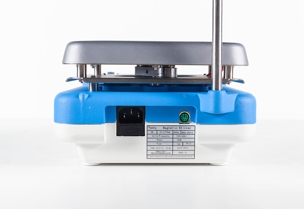 Back of stirrer showing power and mini-DIN (PS/2) thermocouple connections