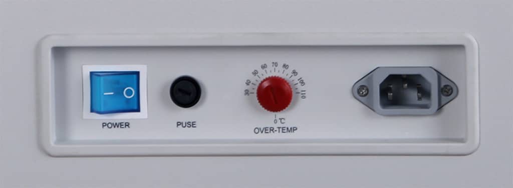 Power switch, fuse, over-temperature control, and power connection.